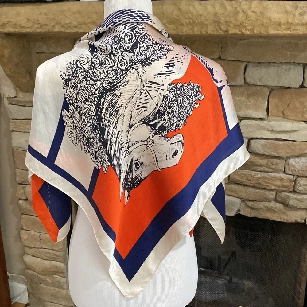 Equestrian Print Scarf Navy Blue Red Cream 33